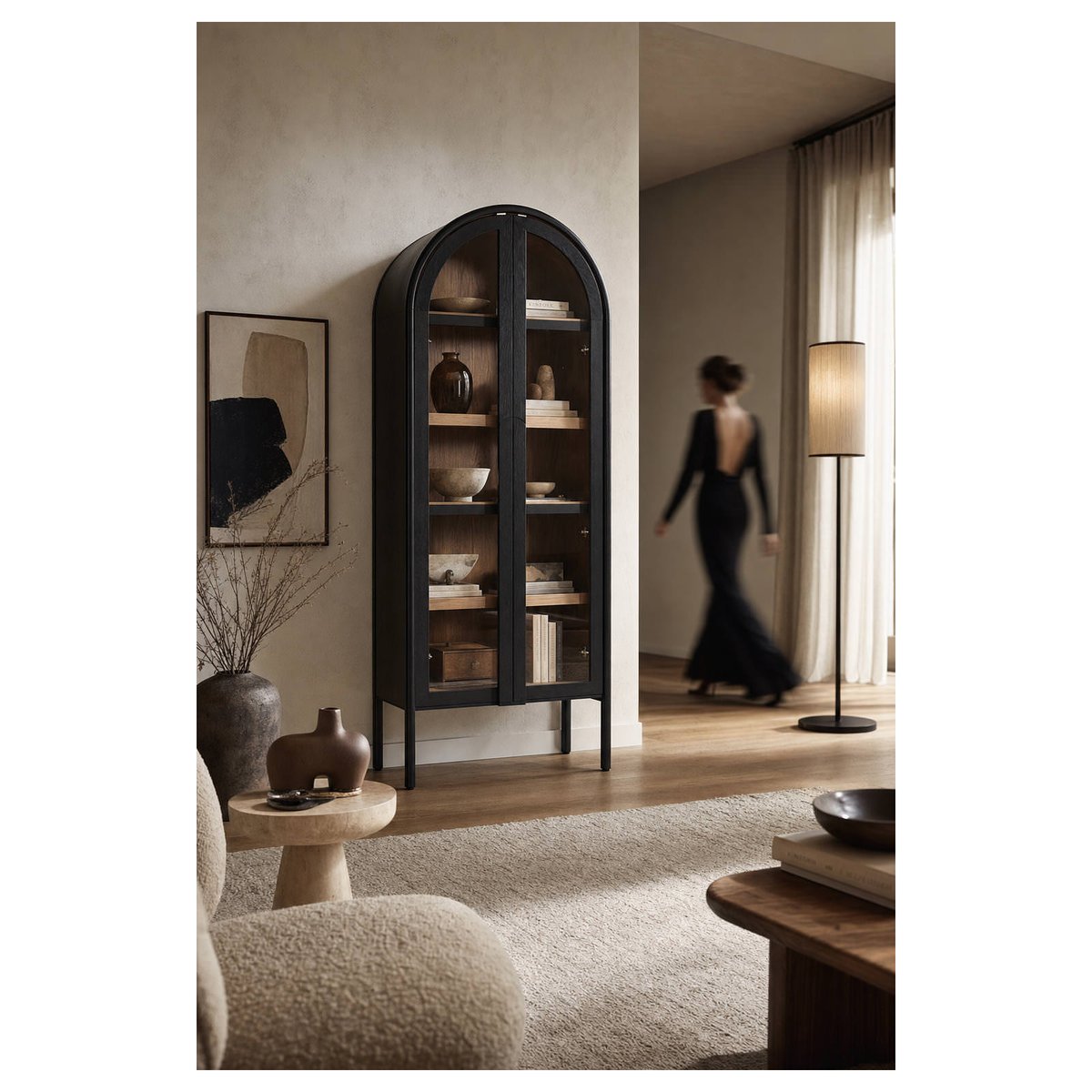 Vitrine arche en bois de frêne et noyer noir et noyer, RECOLLECTION