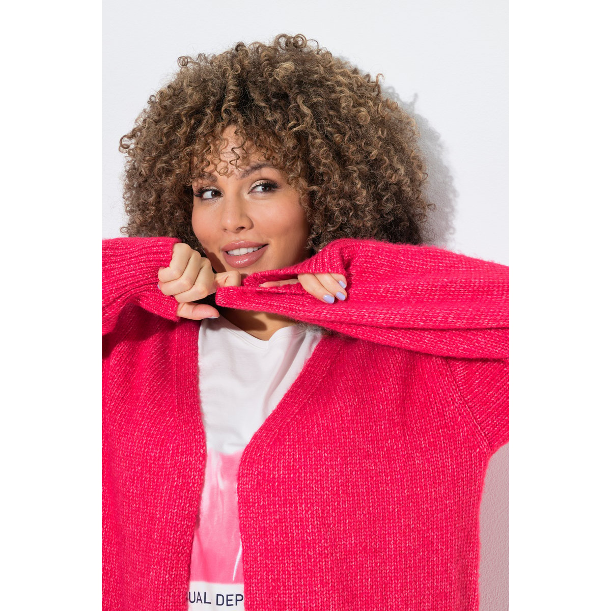Cardigan coupe ouverte, manches longues hibiscus-rose, ULLA POPKEN