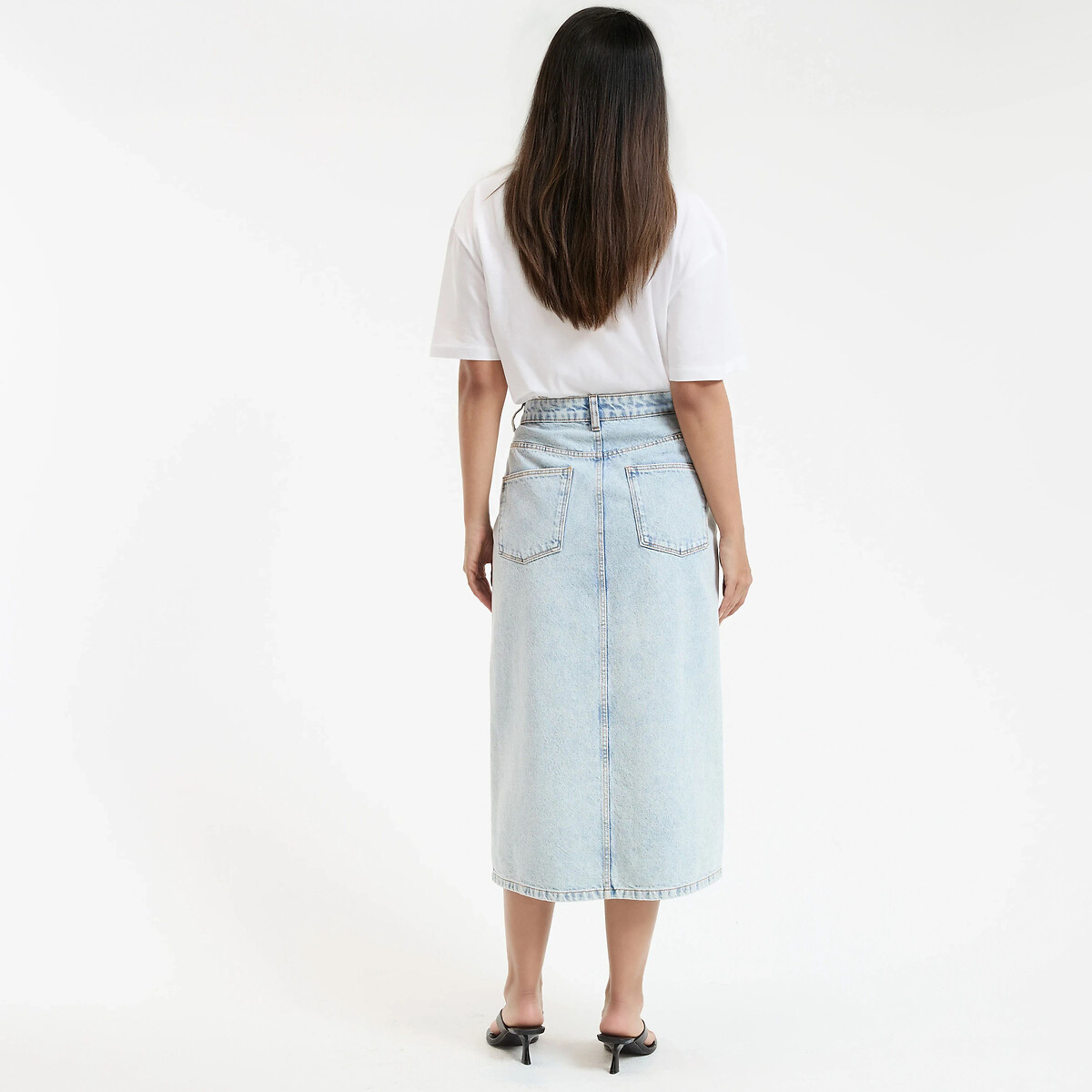 Gonna midi dritta in denim blu bleached, LA REDOUTE COLLECTIONS