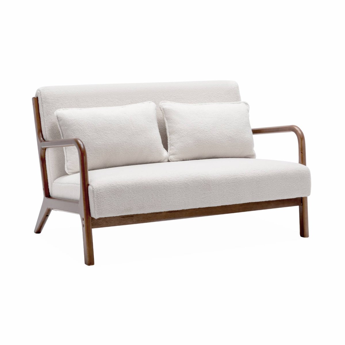 Banquette scandinave 2 places bois d'hévéa teinté noyer clair et bouclette LORENS crème, SWEEEK