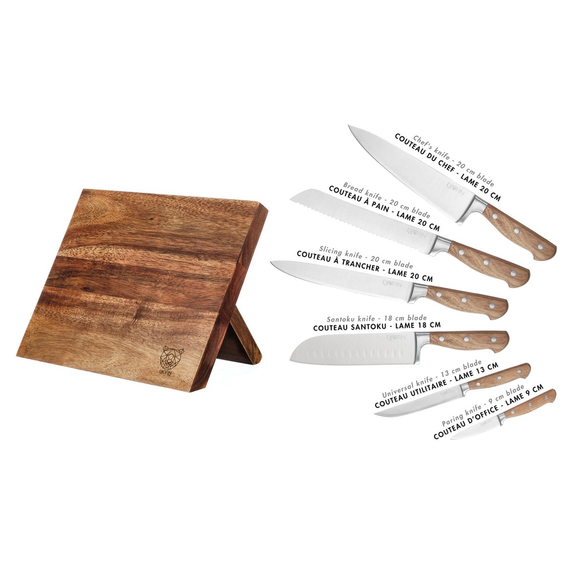 Lot de 7 couteaux de cuisine en inox, NUDE inox mat et bois, BJORN