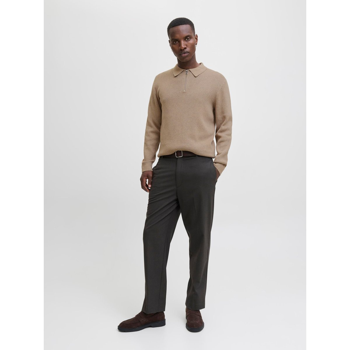Pull col polo, demi-zippé greige, JACK & JONES