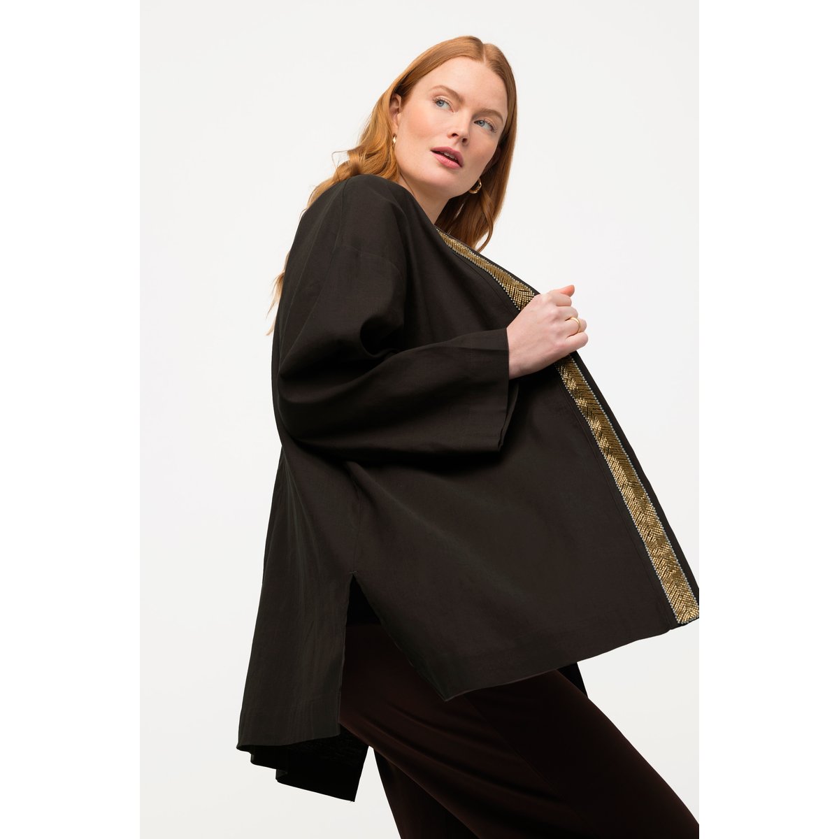 Veste kimono. Col châle. Lin mélangé. Galon marron pin, ULLA POPKEN