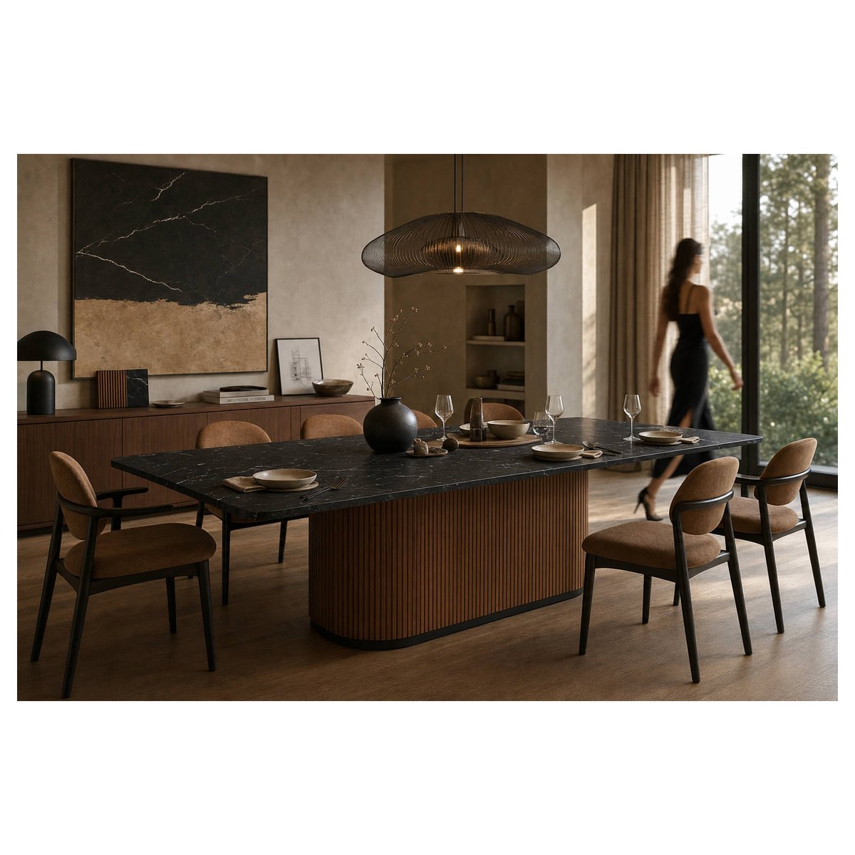 Table à manger en bois d'orme et marbre noyer, noir marquina et noir mat, RECOLLECTION
