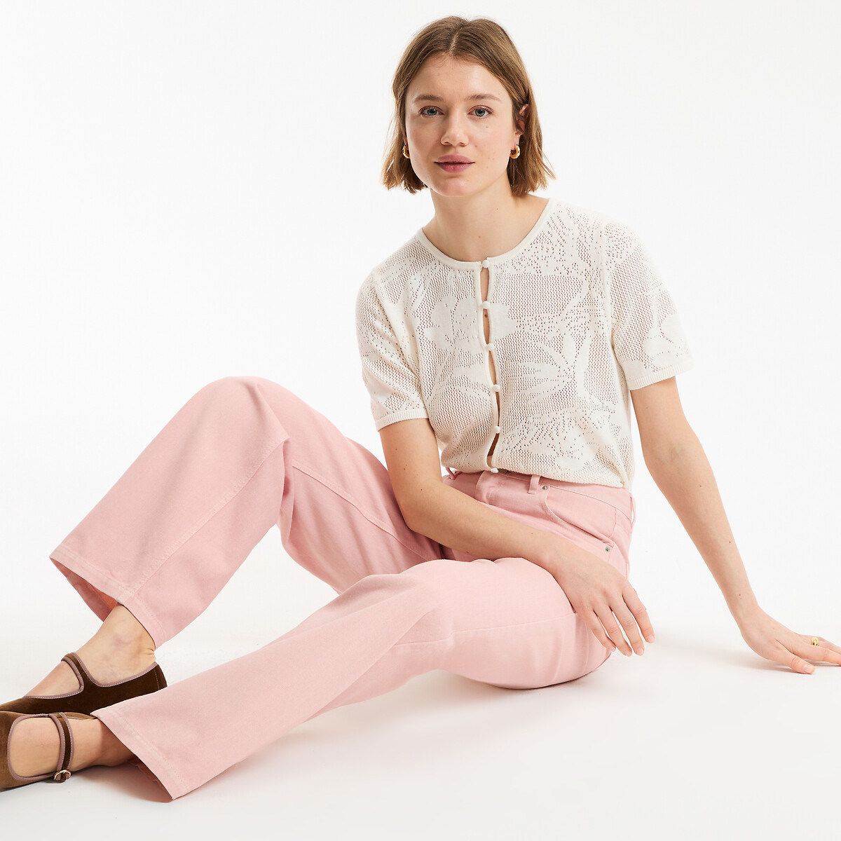 Cardigan court, col rond, en fine maille ajourée, boutonné ecru, LA REDOUTE COLLECTIONS
