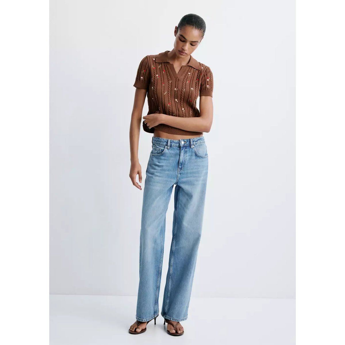 Pull col polo à broderies florales marron, MANGO