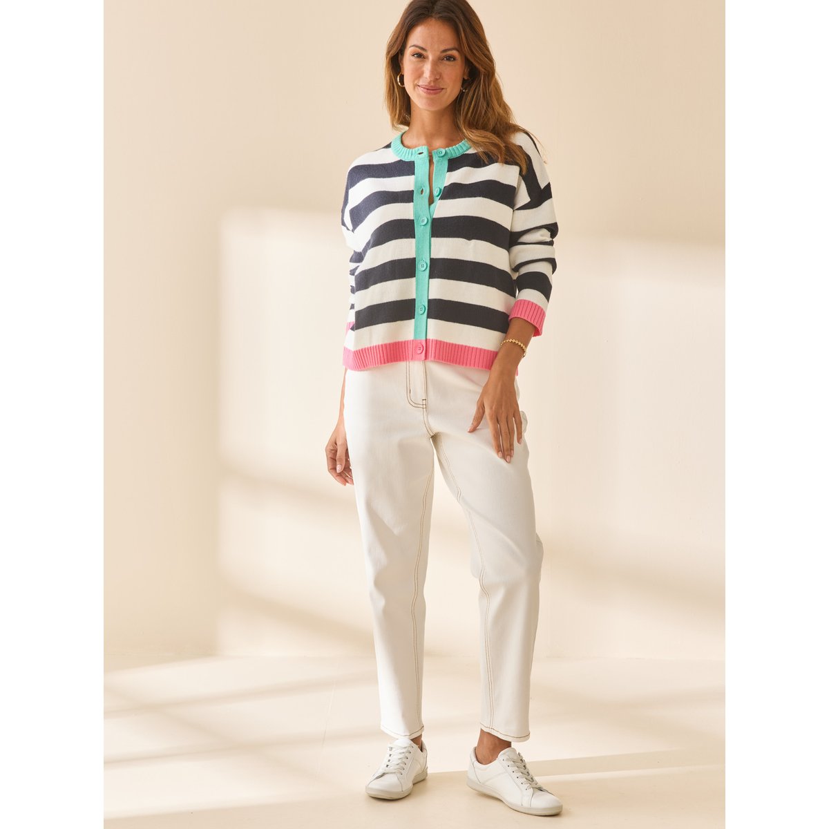 Cardigan à rayures ecru rayé marine, DAXON