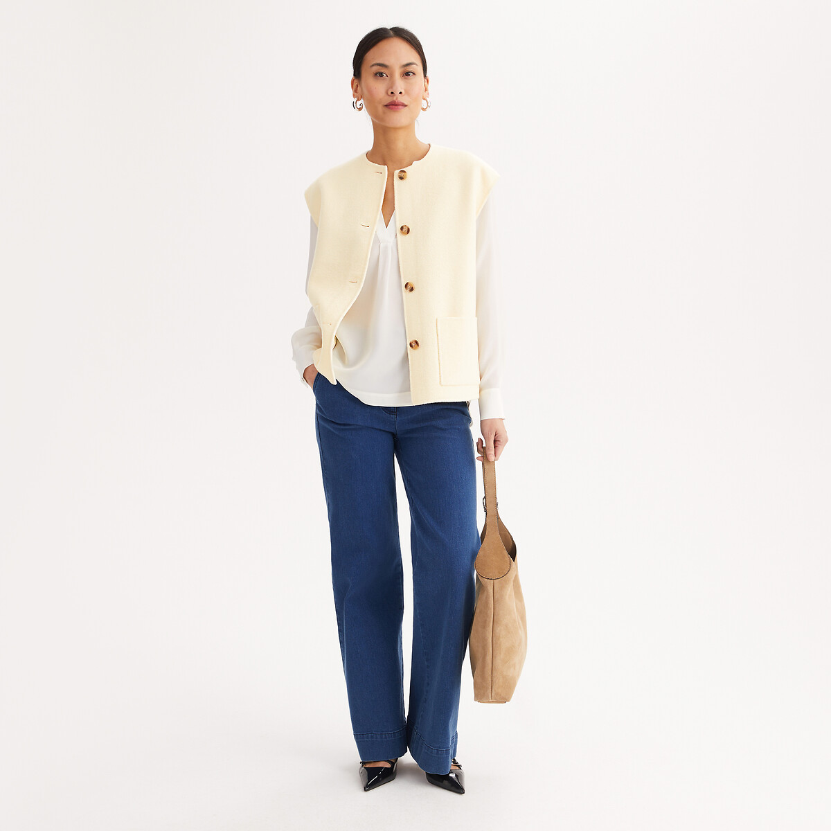 Blouse en soie, col V, manches longues ecru, ANNE WEYBURN