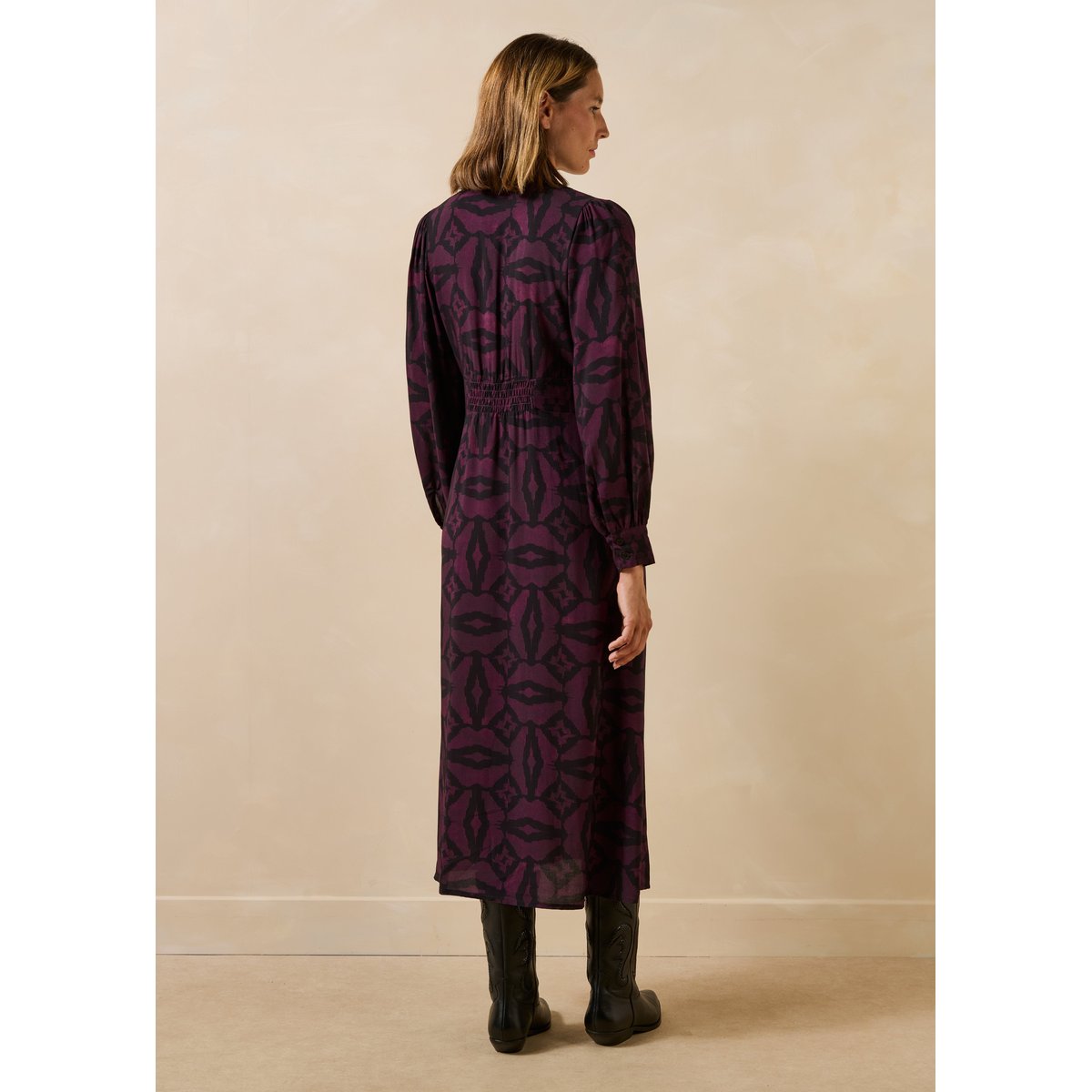 Robe longue manches longues encolure tunisienne noir/vin, LA FEE MARABOUTEE