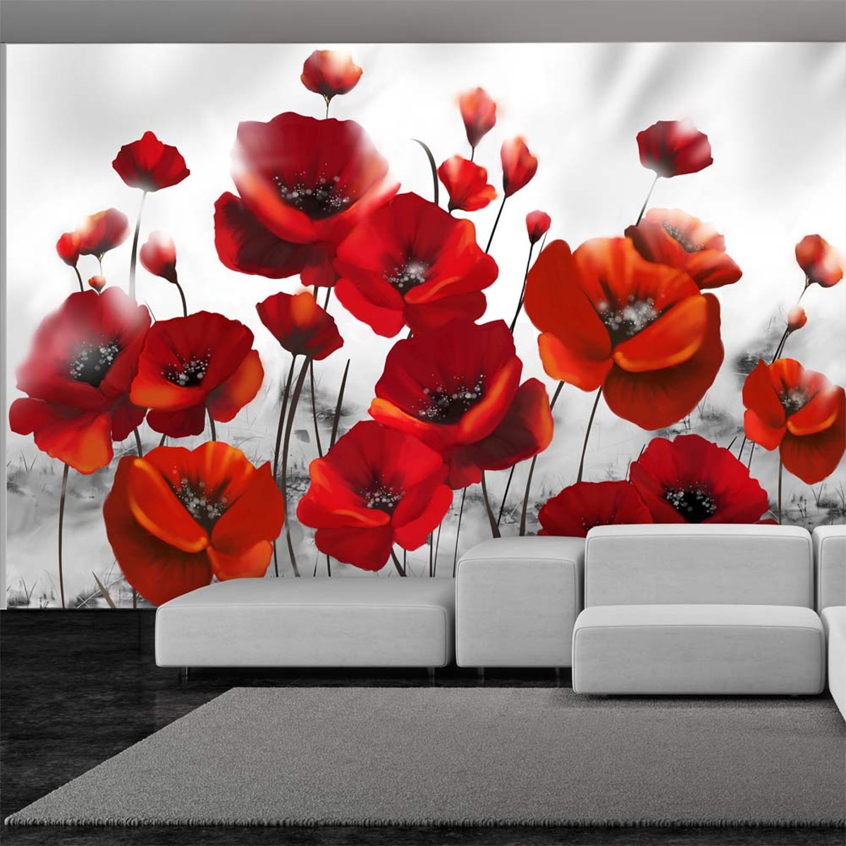 Papier peint intissé panoramique Fleurs Coquelicots dans au clair de lune blanc, EDEN