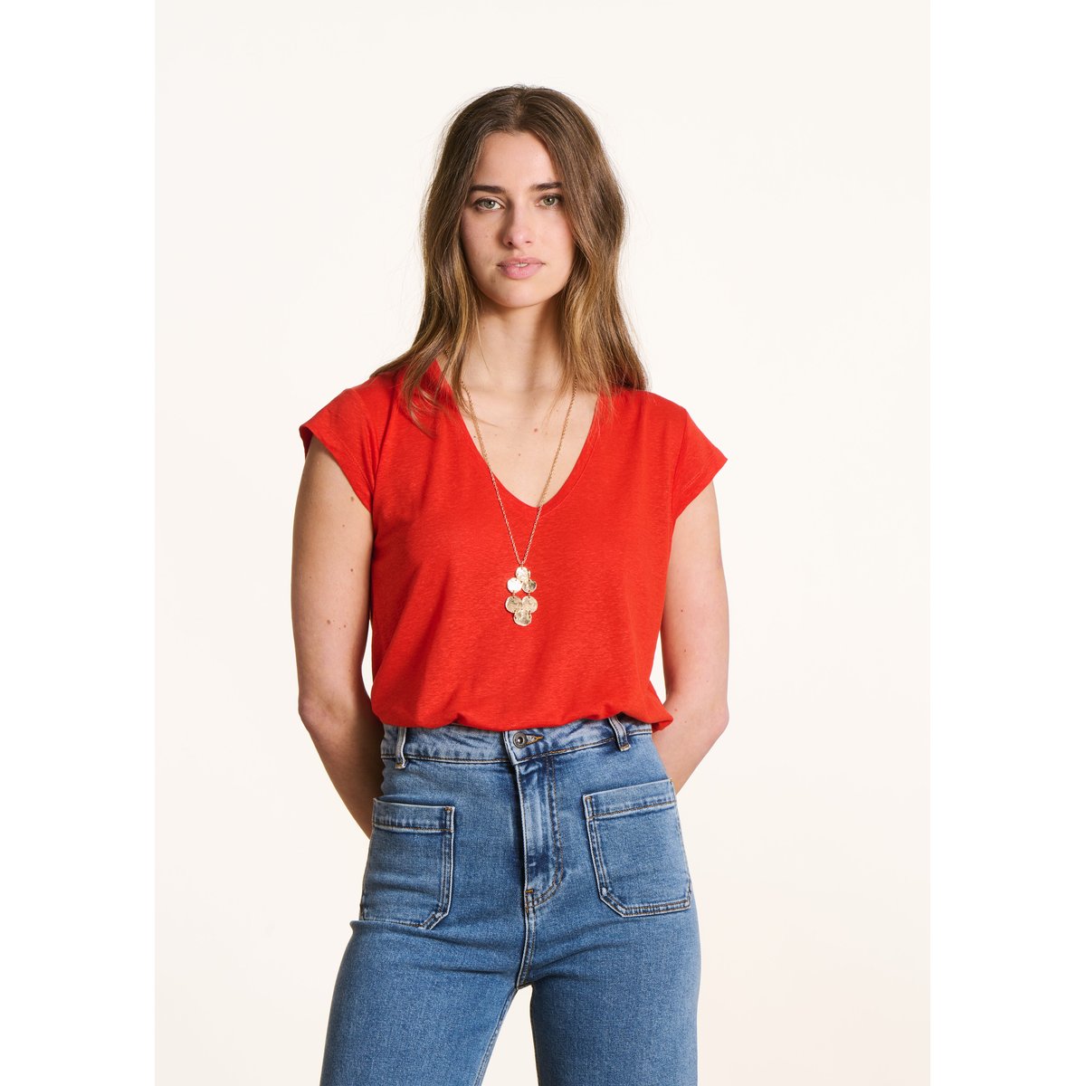 T-shirt en lyocell col V manches courtes jaspe, LA FEE MARABOUTEE