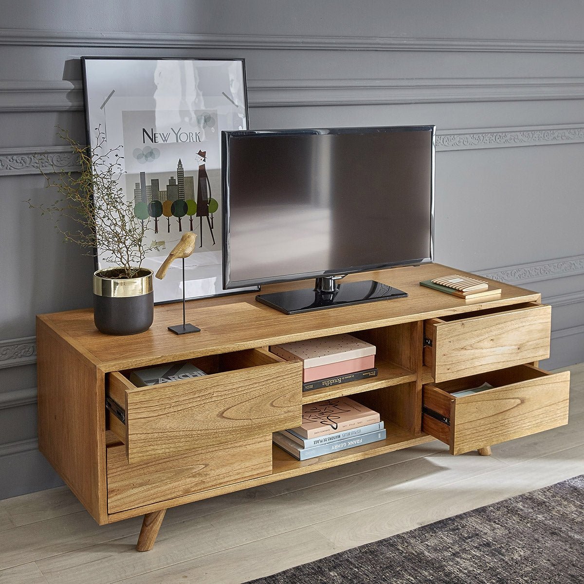 Meuble TV en bois massif 160 cm 4 tiroirs  MILO naturel, BERAH GETAH