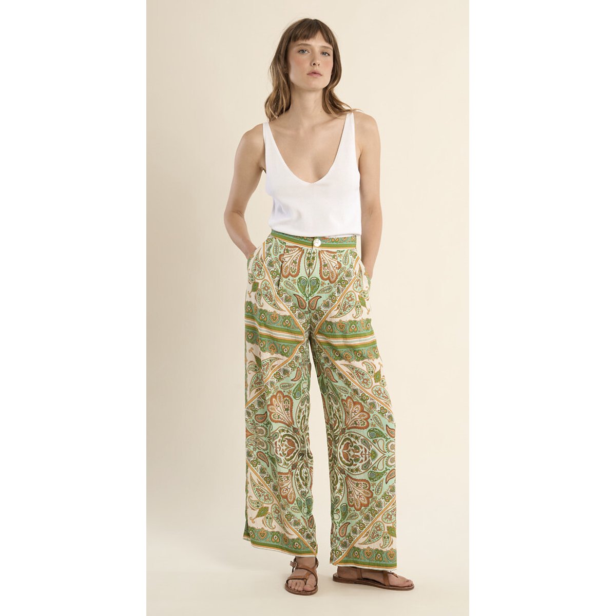 Pantalon large imprimé imprimé vert, MOLLY BRACKEN
