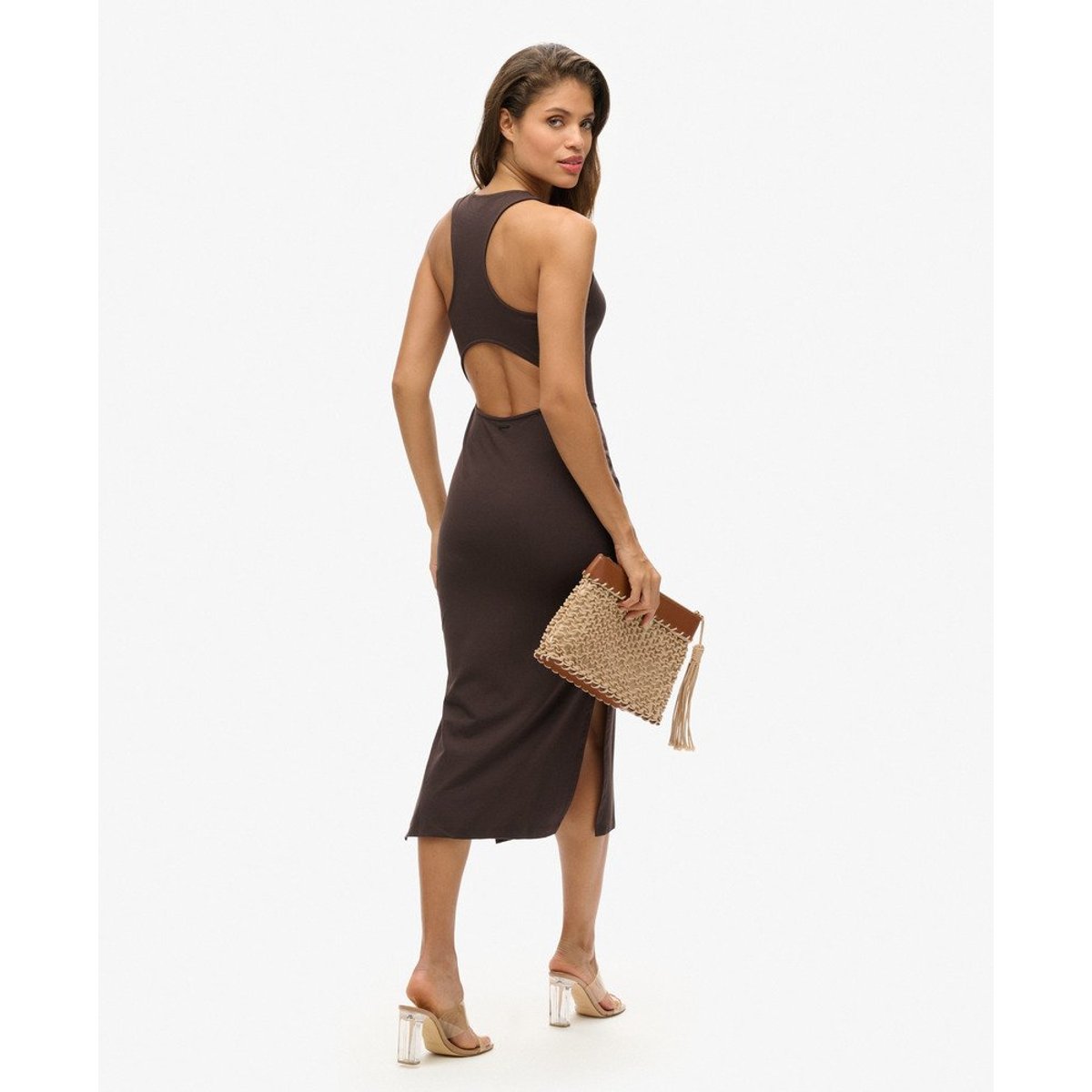 Robe mi-longue en jersey à encolure dégagée chêne marron foncé, SUPERDRY