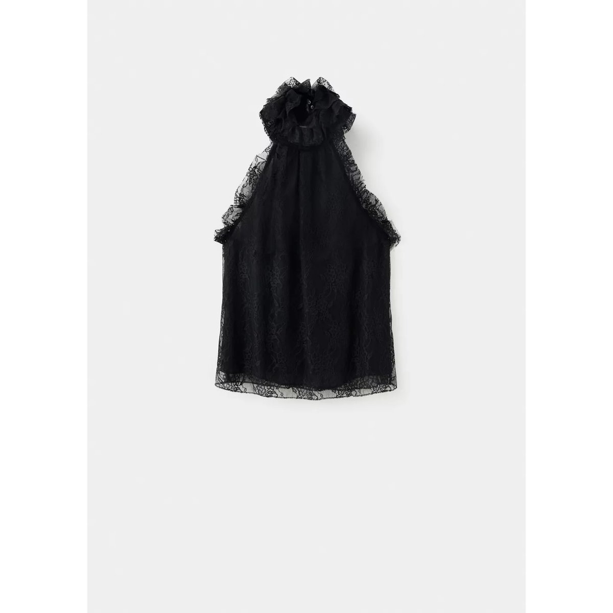 Top à col halter avec volants en dentelle noir, MANGO