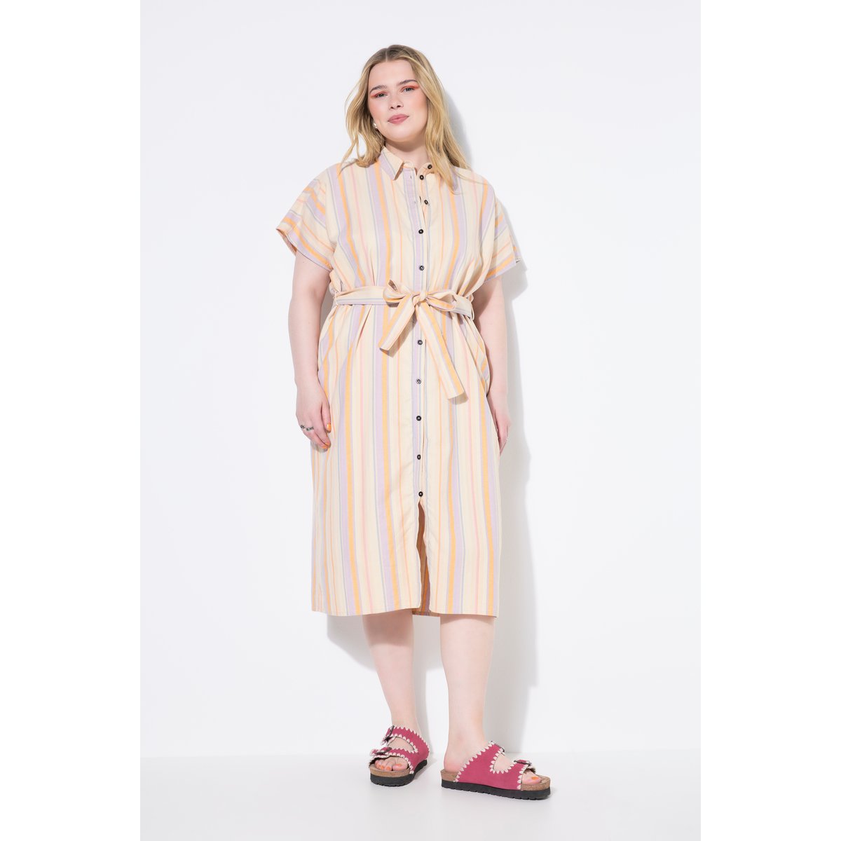 Robe-chemisier rayée, longueur midi beige, STUDIO UNTOLD