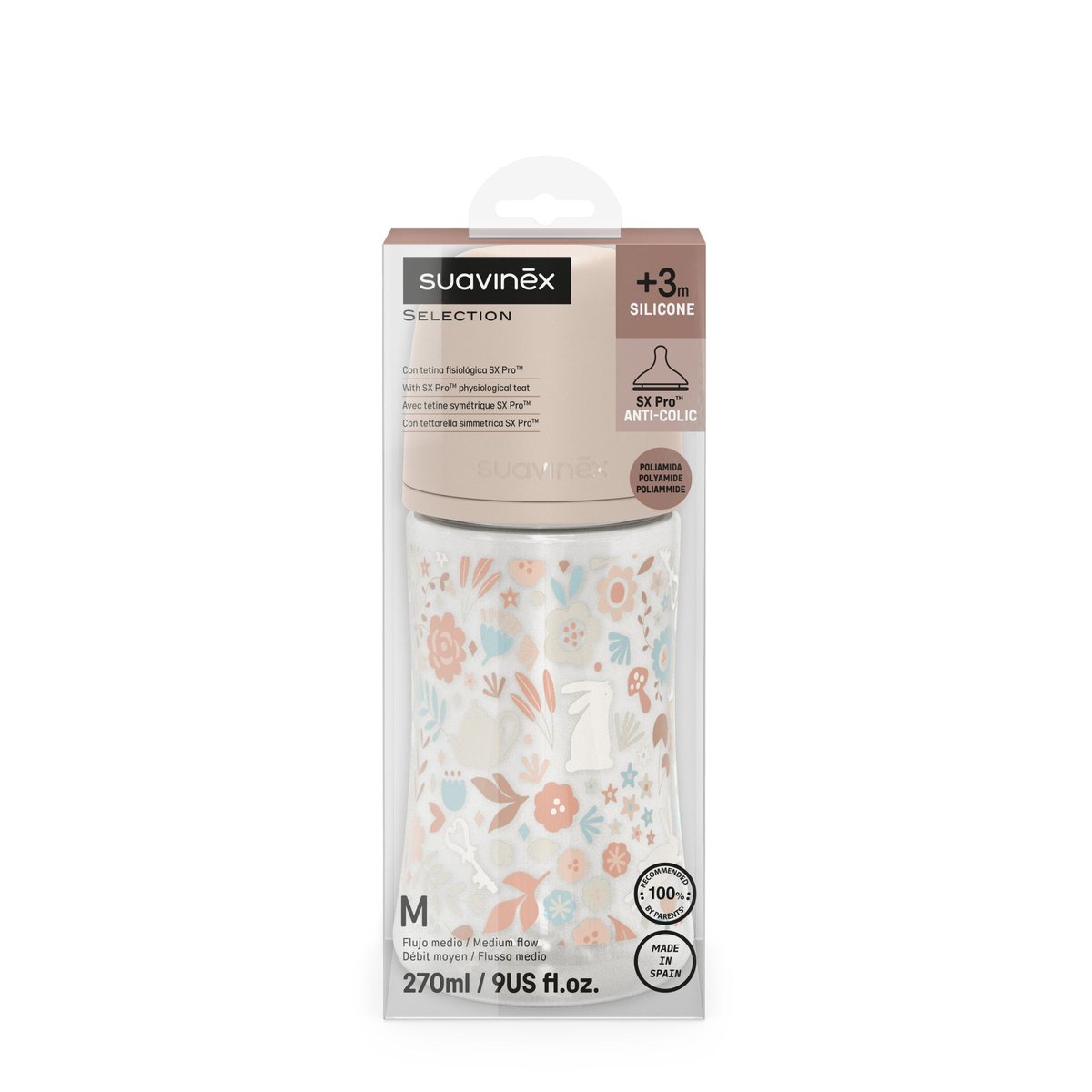 Biberon anti-colique 270 ml - débit moyen wonderland rose, SUAVINEX