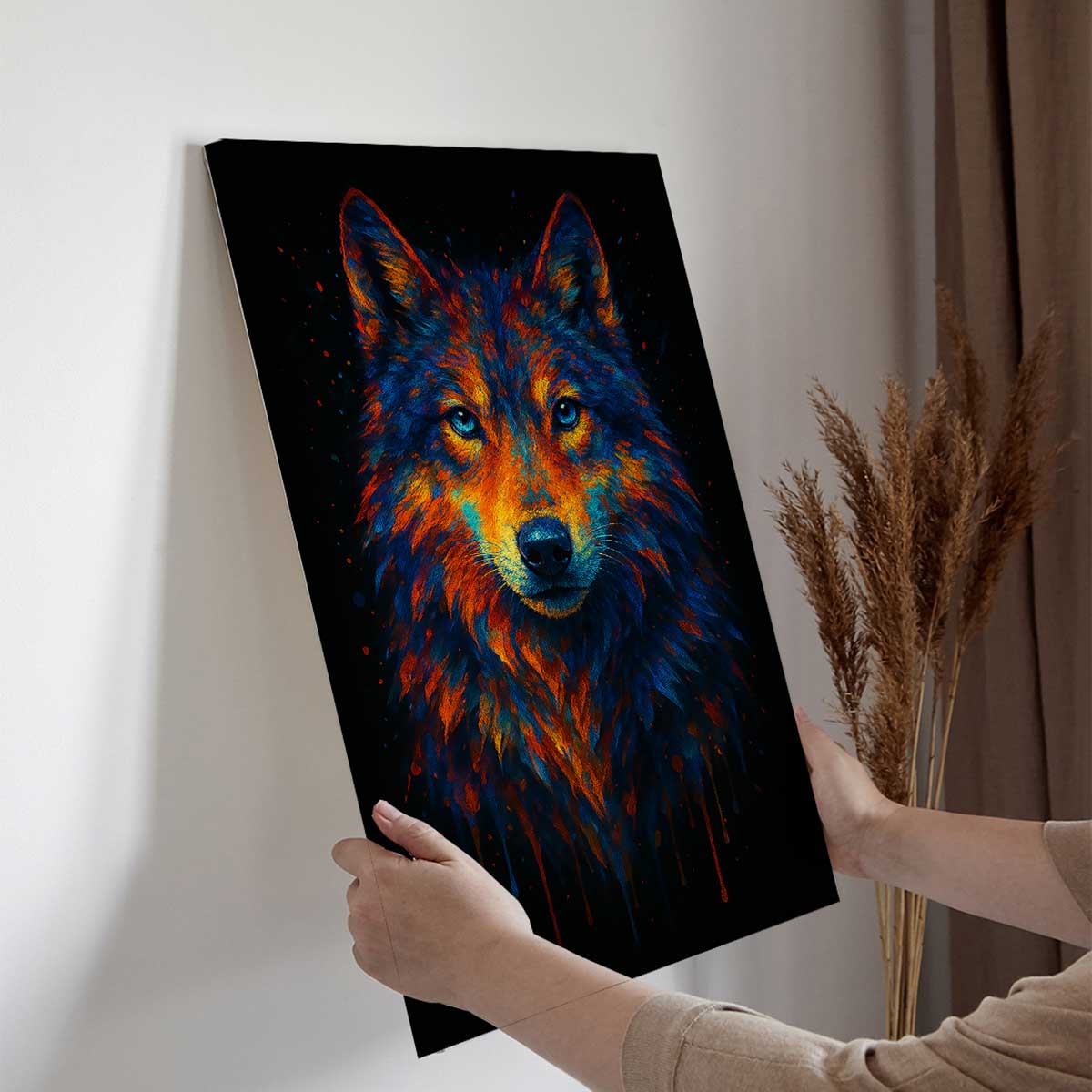 Tableau loup éclats chromatiques toile imprimée, HEXOA