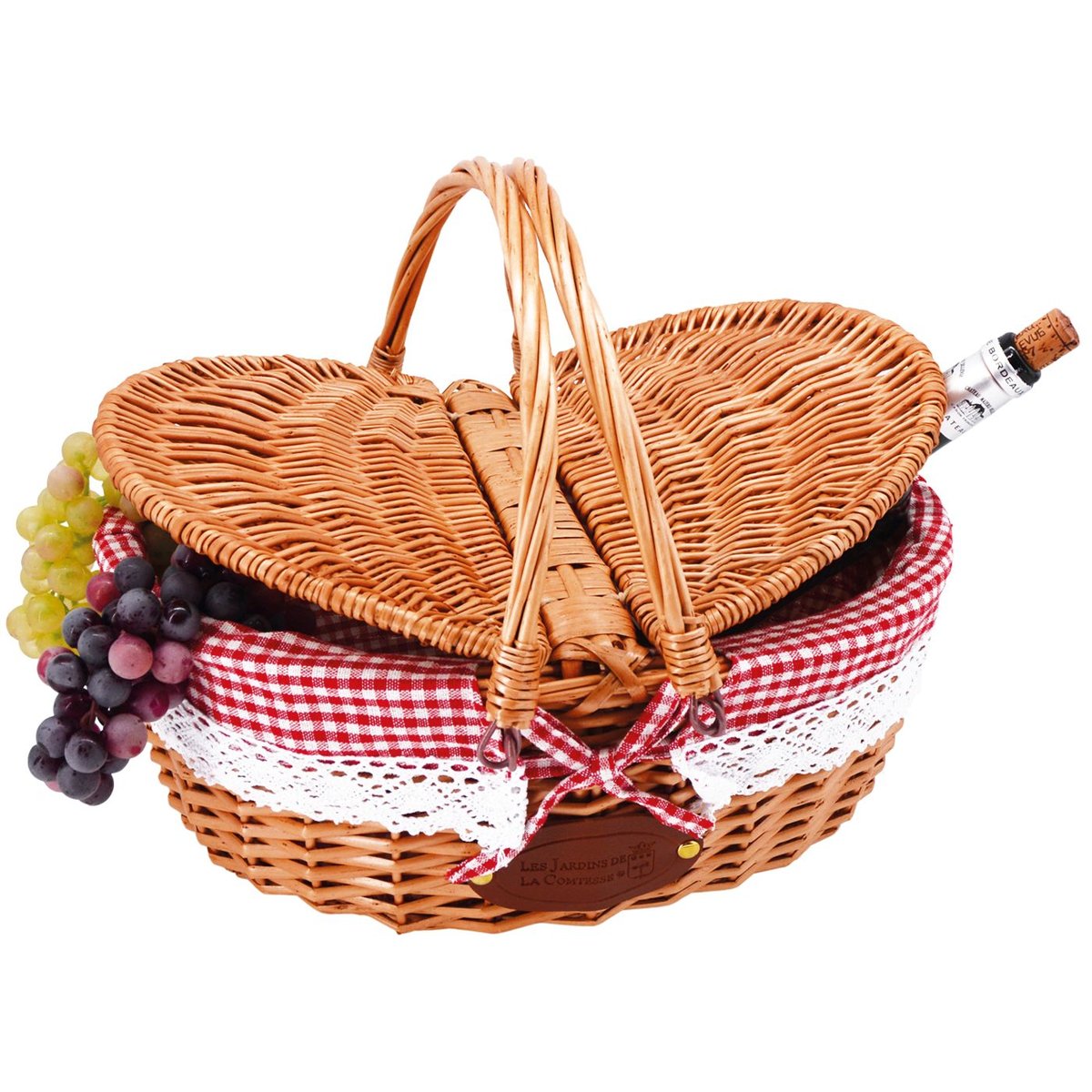 Panier en osier tissu dentelle vichy rouge couleur unique, LES JARDINS DE LA COMTESSE