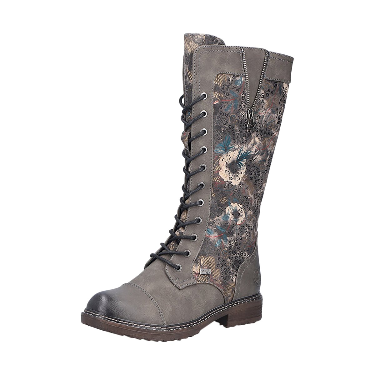 Bottes grises à talon décroché bas avec un zip et des lacets ronds grises, RIEKER