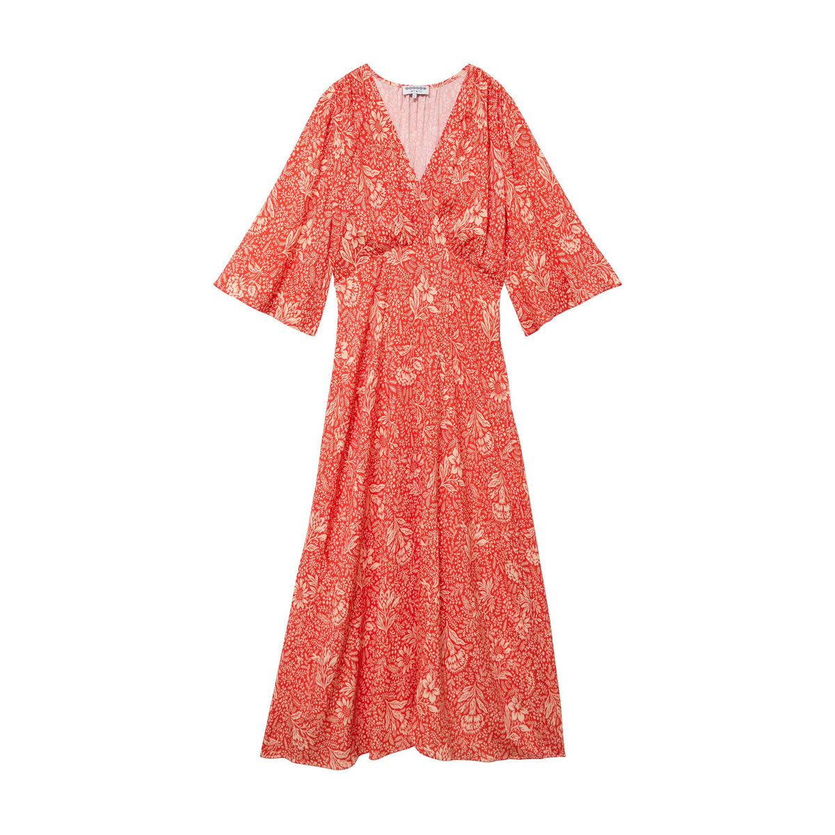 Robe col v manches longues rouge corail, BONOBO