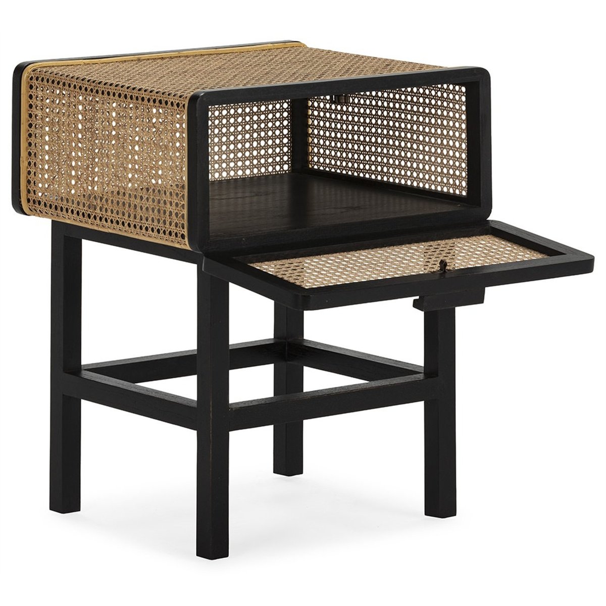 Table de chevet en bois de cèdre et rotin noir et naturel, RECOLLECTION