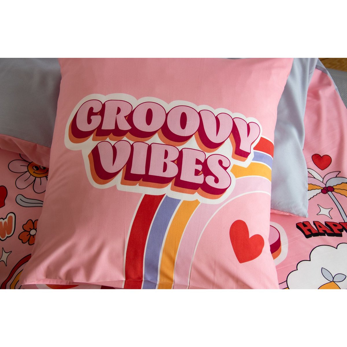 Parure de lit enfant en polyester motif coloré fun GROOVY VIBES rose, TOILINUX