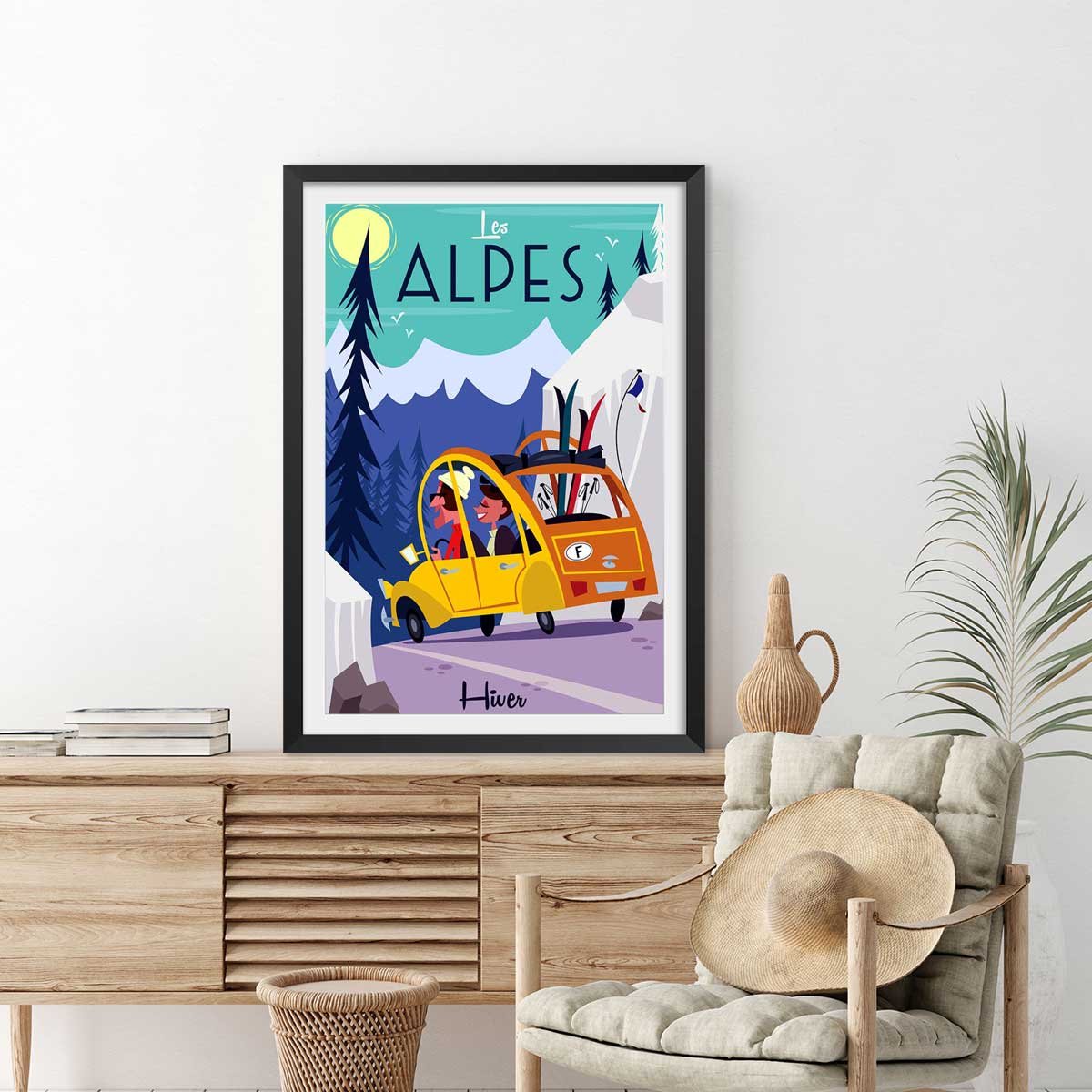 Poster de sur la route des alpes affiche + cadre en bois - noir, HEXOA