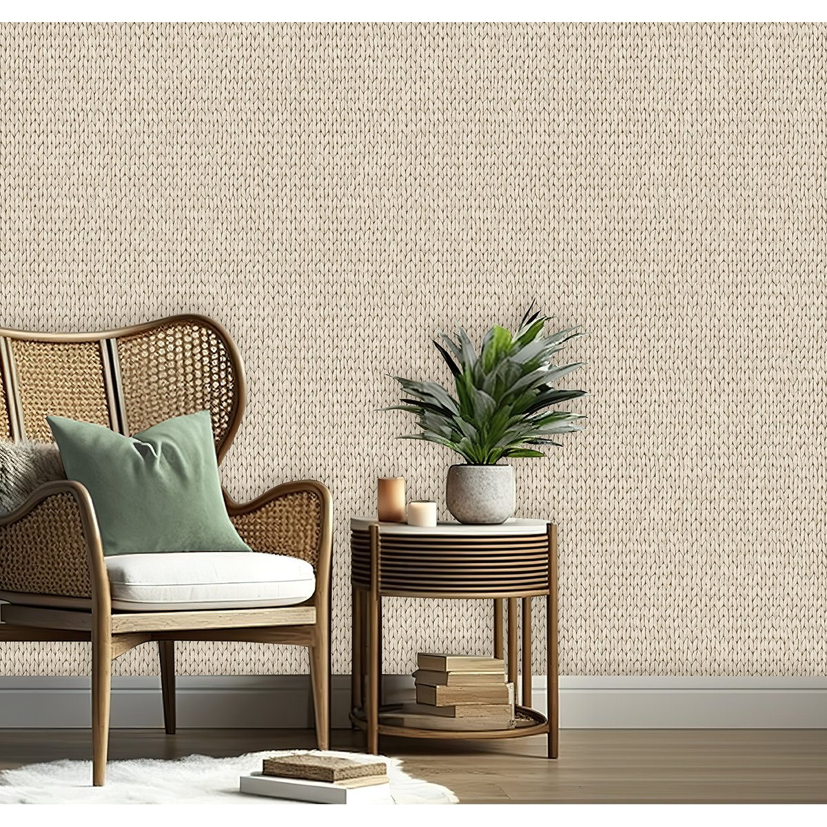 Papier peint effet maille tricot blanc ivoire beige, HEXOA