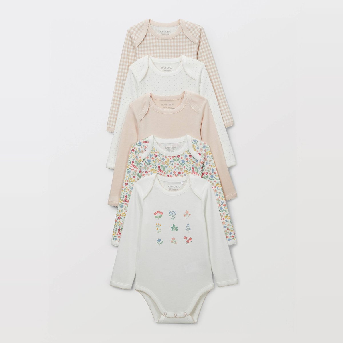 Lot de 5 bodies manches longues imprimé en coton BIO GOTS rosee, BOUT'CHOU