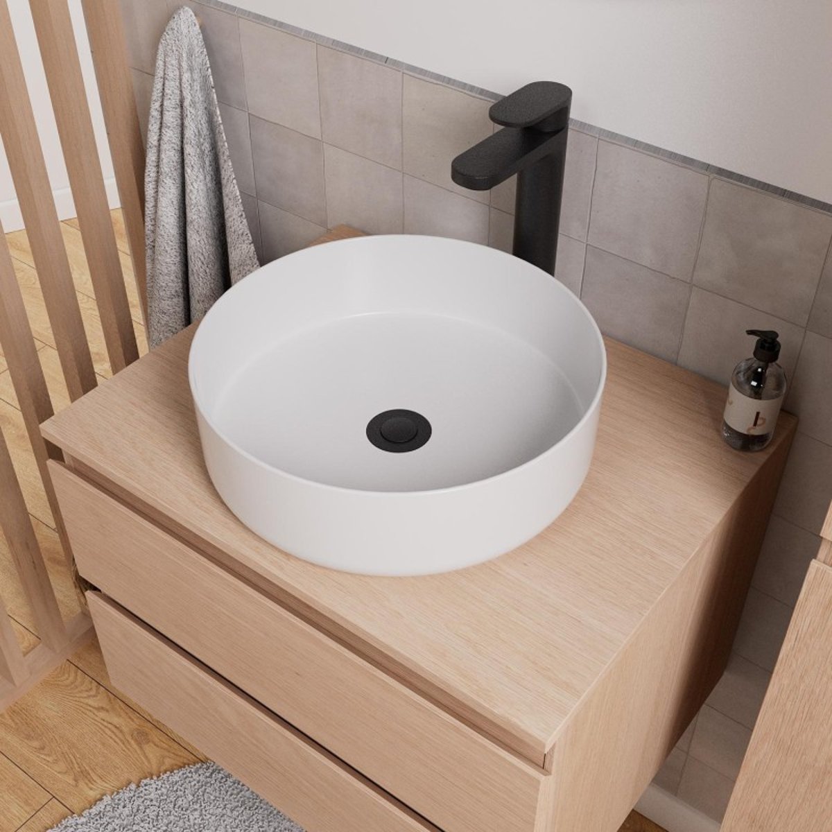 Ensemble meuble simple vasque 60 cm + vasque + robinet + miroir + colonne SORRENTO chêne, MOB IN