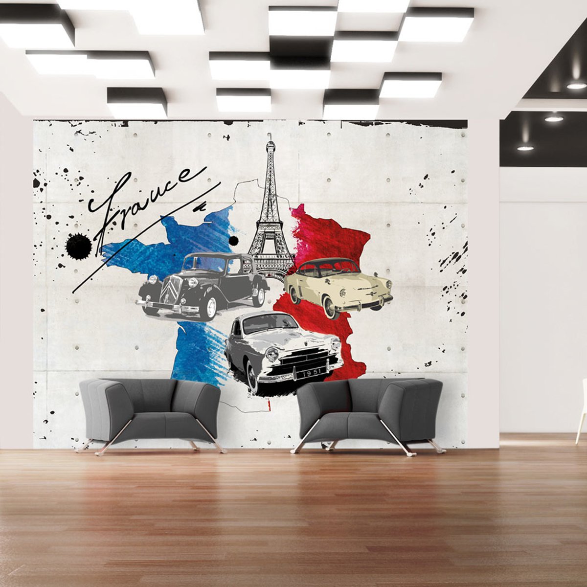 Papier peint intissé panoramique Carte du monde Admirer of cars (France) rouge, EDEN