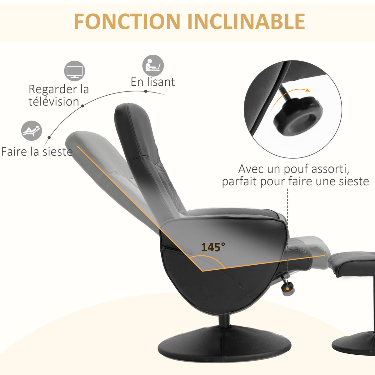 Fauteuil inclinable avec repose-pieds PU Noir noir, HOMCOM