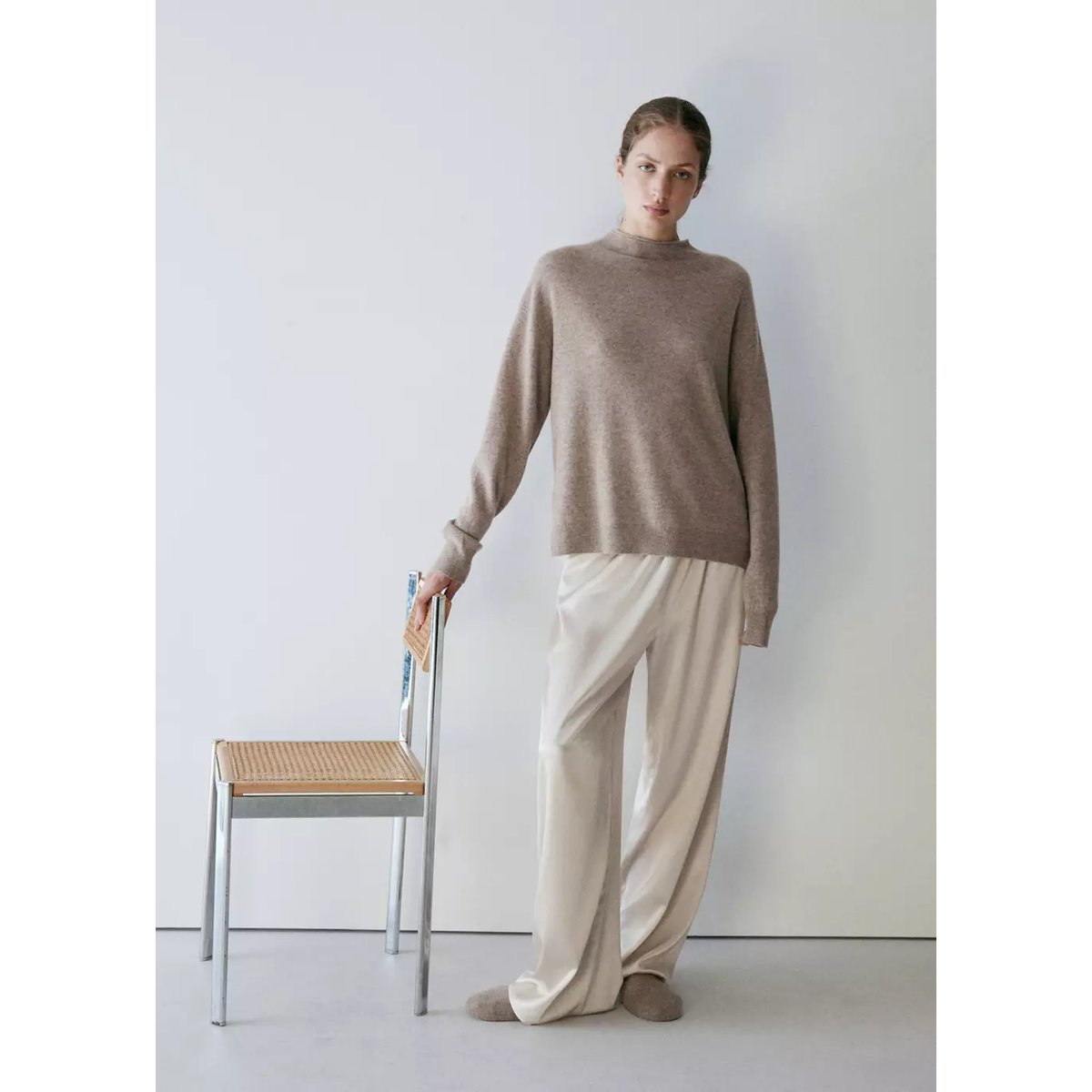 Pull-over 100 % cachemire col montant beige, MANGO