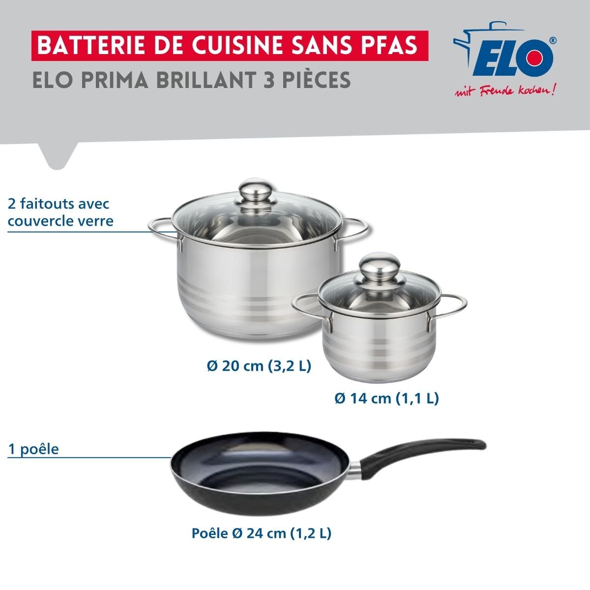 Batterie 1 poêle 24cm + 2 faitouts 14/20cm PRIMA BRILLANT noir, ELO
