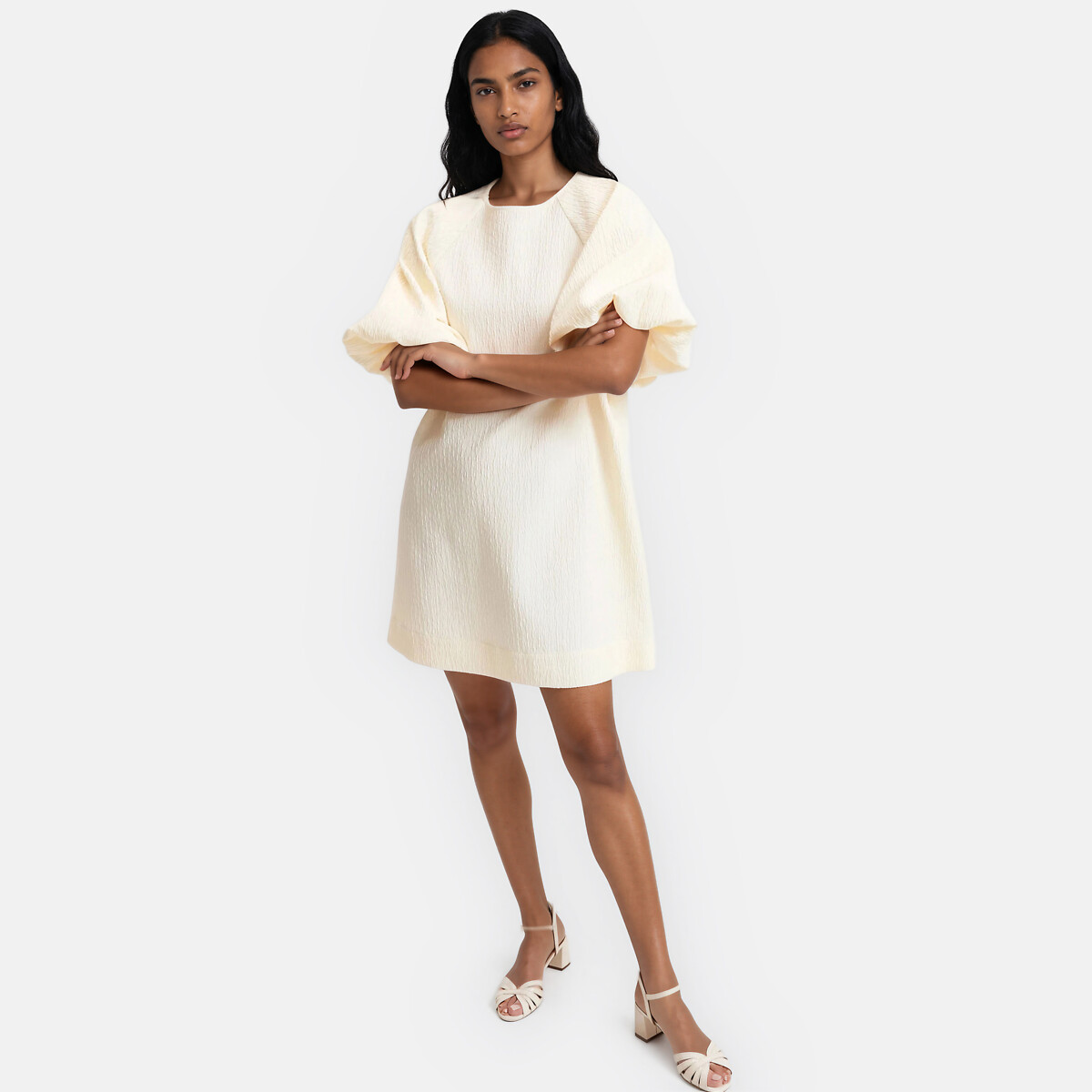 Robe courte manches courtes bouffantes ivoire, LA REDOUTE COLLECTIONS