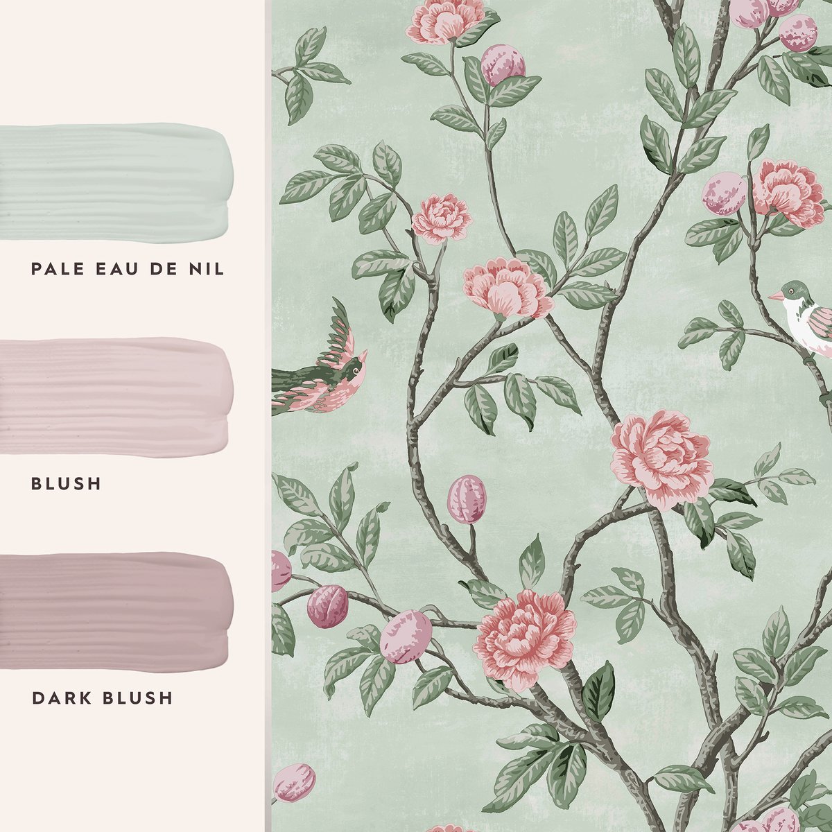 Papier peint Oiseaux Fleurs Eglantine vert d'eau, LAURA ASHLEY