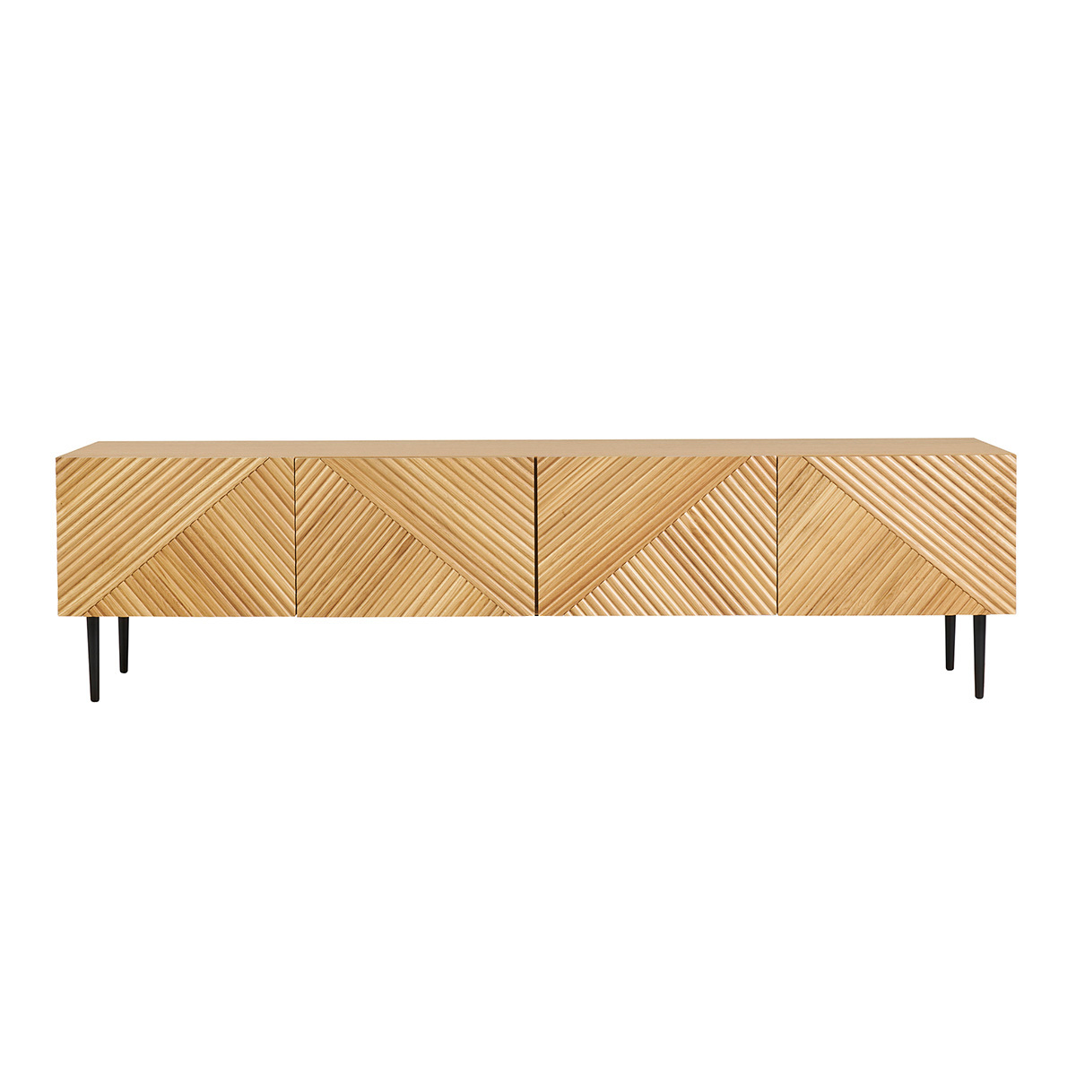 Meuble TV design en bois clair chêne massif gravé et métal noir 4 portes L180 cm ARCHIPEL chêne clair, MILIBOO