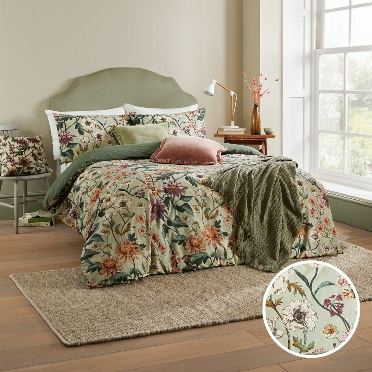 Wallflower Cotton Rich Reversible Duvet Cover and Pillowcase Set sage, WYLDER NATURE