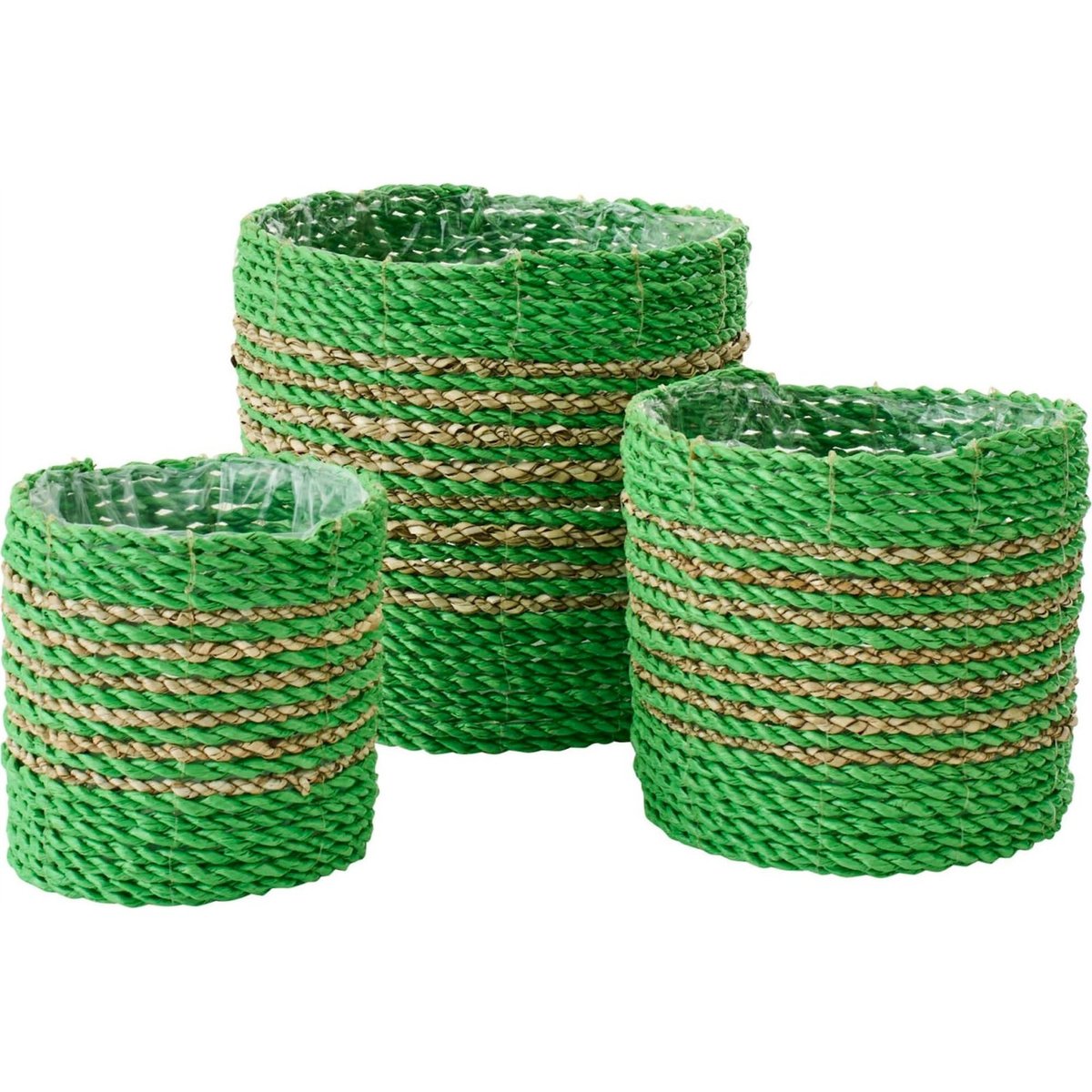 Set de 3 cache-pots en raphia tressé vert et naturel, RECOLLECTION