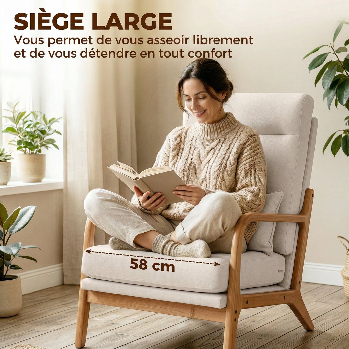 Accent Chair Tissu de lin (100 % polyester) crème, HOMCOM