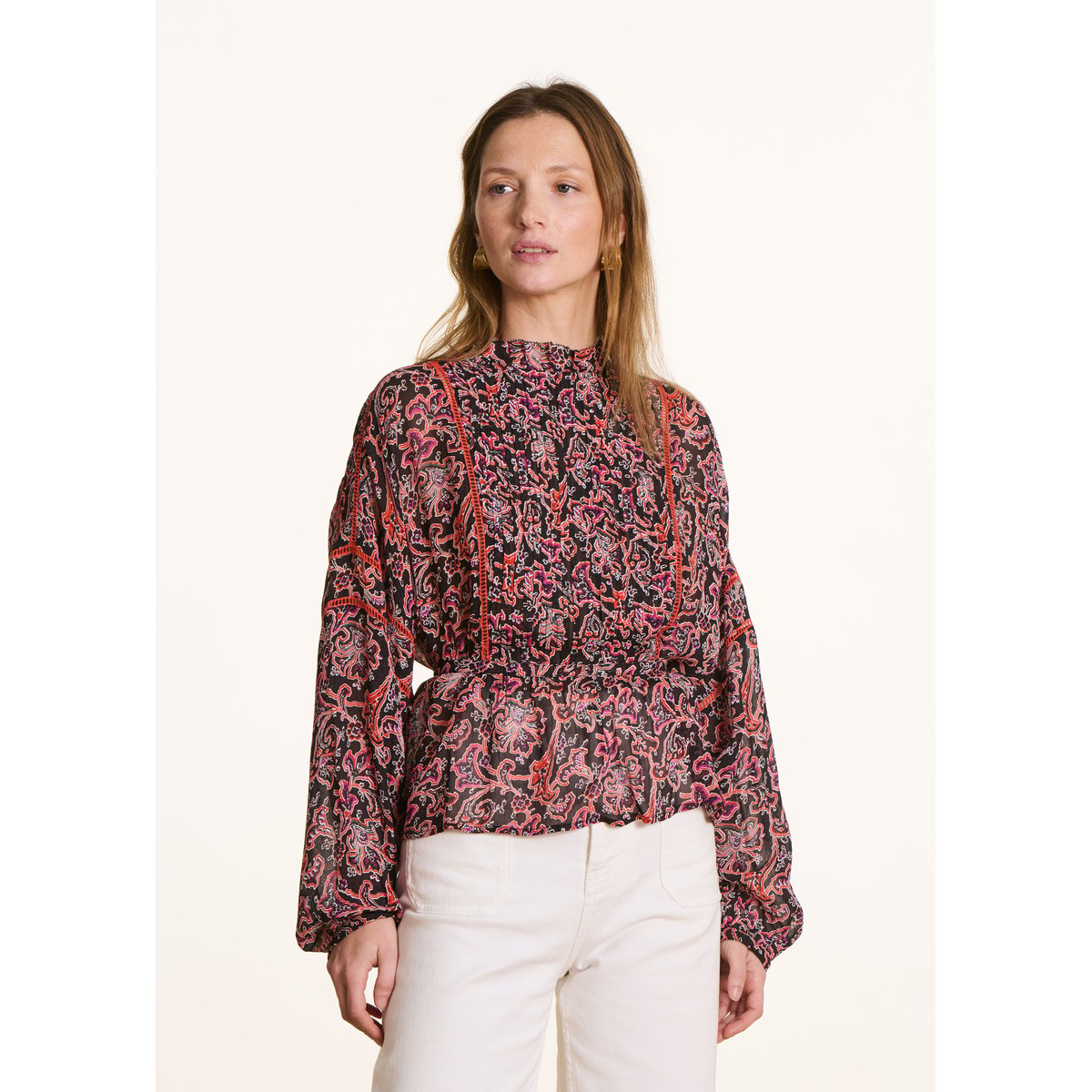 Blouse manches longues à imprimé floral noir / multicolor, LA FEE MARABOUTEE