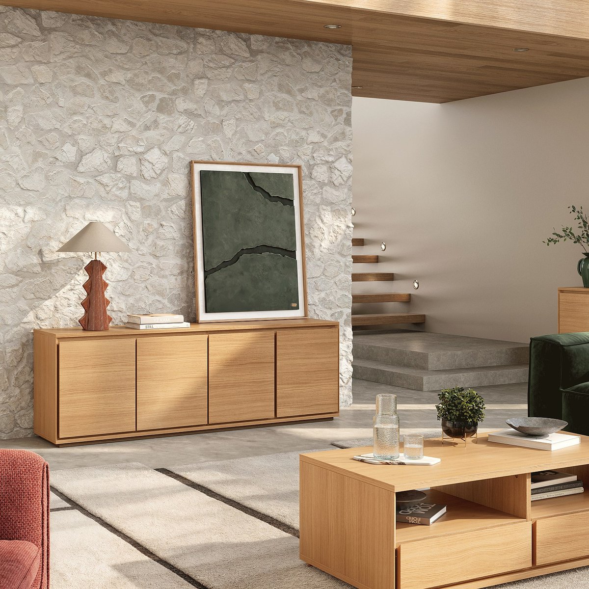 Buffet bois, panneau HAZO naturel clair, HABITAT