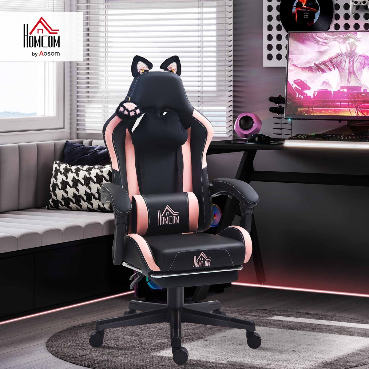 Fauteuil de gaming Plastique Noir noir et rose, HOMCOM