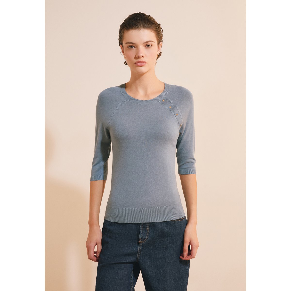 Pull manches mi-longues à col rond SAMI bleu, ETAM