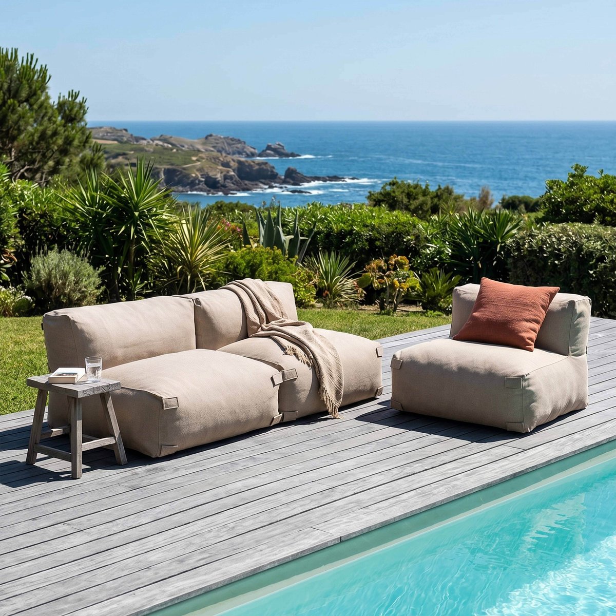 Salon de jardin modulable avec 3 chauffeuses, MIXI beige, OVIALA