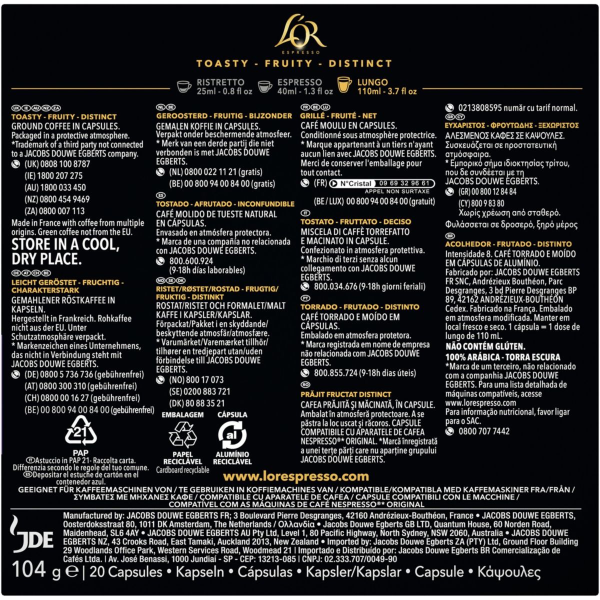 Capsules Espresso LUNGO PROFONDO x20 104g couleur unique, L'OR