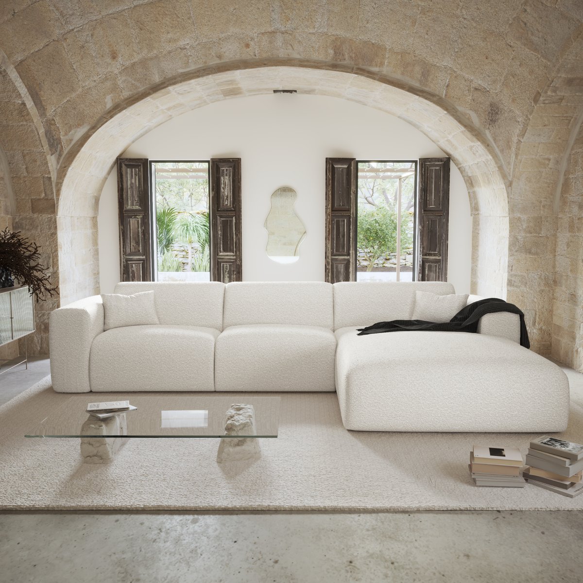 Canapé d'angle en tissu bouclette MYRA crème, SIA HOME
