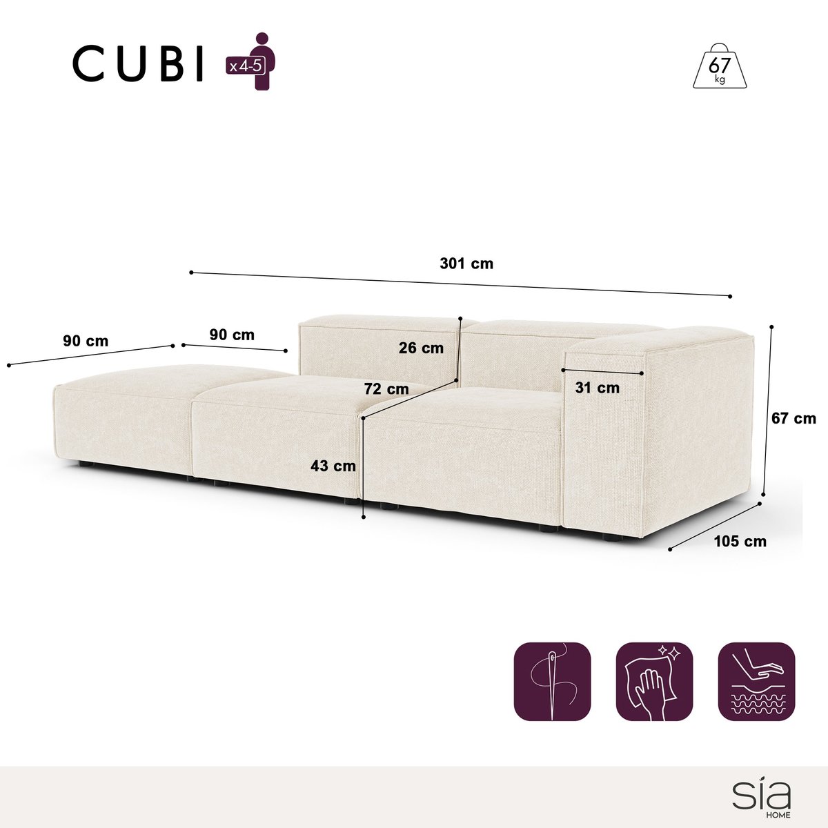 Canapé modulable 5 places en velours chenillé CUBI crème, SIA HOME