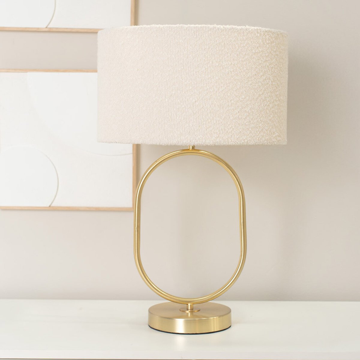 Aubrey Brushed Gold Oval Table Lamp with Boucle Drum Shade gold-coloured, SO'HOME